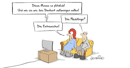 Cartoon: Denkart (medium) by Marcus Gottfried tagged paar,ehe,links,rechts,extremismus,flüchtlinge,paar,ehe,links,rechts,extremismus,flüchtlinge