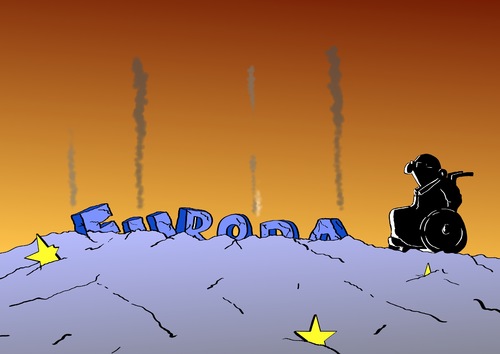 Cartoon: EU-Umbau (medium) by Marcus Gottfried tagged währung,umbau,demokraqtie,finanzmister,schäuble,währungsunion,geld,finanzen,krise,eu,währungsminister,stabilität,gesetze,struktur,umstrukturierung,rollstuhl,erfolg,abbau,schrott,ruine,qualm,ausgebombt,bombe,niedergang