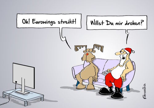 Cartoon: Eurowings Streik (medium) by Marcus Gottfried tagged eurowings,lufthansa,fluglinie,streik,streiken,arbeitskampf,lohn,lohnerhöhung,fluglotsen,flugbegleiter,pilot,gewerkschaft,weihnachten,drohung,termin,warnung,ankündigung,rudolph,rentier,elch,nikolaus,weihnachtsmann,christkind,freude,marcus,gottfried,cartoon,karikatur,eurowings,lufthansa,fluglinie,streik,streiken,arbeitskampf,lohn,lohnerhöhung,fluglotsen,flugbegleiter,pilot,gewerkschaft,weihnachten,drohung,termin,warnung,ankündigung,rudolph,rentier,elch,nikolaus,weihnachtsmann,christkind,freude,marcus,gottfried,cartoon,karikatur