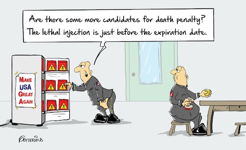 Cartoon: Expiration (medium) by Marcus Gottfried tagged candidates,deathpenalty,death,penalty,lethal,injection,expiration,usa,trump,great,friends,marcus,gottfried,cartoon,karikatur,candidates,deathpenalty,death,penalty,lethal,injection,expiration,usa,trump,great,friends,marcus,gottfried,cartoon,karikatur