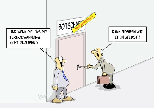 Cartoon: Glaubwuerdigkeit (medium) by Marcus Gottfried tagged glaubwürdigkeit,botschaft,terror,terrorwarnung,diplomatische,vertretung,botscjafter,abschließen,schloss,verständnis,glauben,vertrauen,bombe