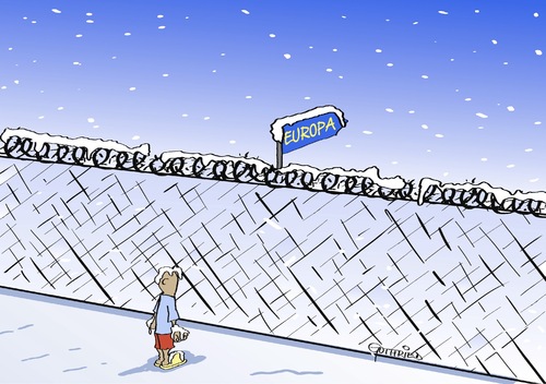 Cartoon: Grenzschnee (medium) by Marcus Gottfried tagged grenze,schnee,flüchtling,flucht,asyl,winter,winterzeit,frost,kälte,armut,kleidung,frieren,unterkunft,wand,stacheldraht,draht,sperre,ausschluss,abweisung,eu,sicherheit,marcus,gottfried,cartoon,karikatur,grenze,schnee,flüchtling,flucht,asyl,winter,winterzeit,frost,kälte,armut,kleidung,frieren,unterkunft,wand,stacheldraht,draht,sperre,ausschluss,abweisung,eu,sicherheit,marcus,gottfried,cartoon,karikatur