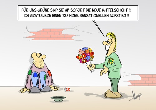 Cartoon: Grüner Aufstieg (medium) by Marcus Gottfried tagged wahl,partei,grüne,wahlvolk,aufstieg,abstieg,blumen,gratulation,strauss,mittelschicht,unterschicht,oberschicht,bettler,geld,verarmung,sichtweise,marcus,gottfried,wahl,partei,grüne,wahlvolk,aufstieg,abstieg,blumen,gratulation,strauss,mittelschicht,unterschicht,oberschicht,bettler,geld,verarmung,sichtweise,marcus,gottfried