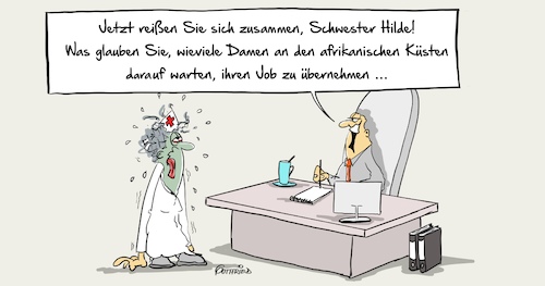 Cartoon: Krankenschwester (medium) by Marcus Gottfried tagged flüchtlinge,ausspielen,konkurrenz,afrika,mittelmeer,krankenschwester,pflege,pflegenotstand,burn,out,burnout,nerven,depressionen,freude,marcus,gottfried,cartoon,karikatur,flüchtlinge,ausspielen,konkurrenz,afrika,mittelmeer,krankenschwester,pflege,pflegenotstand,burn,out,burnout,nerven,depressionen,freude,marcus,gottfried,cartoon,karikatur