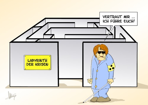 Cartoon: Labyrinth (medium) by Marcus Gottfried tagged krise,merkel,regierung,plan,planlos,finanzkrise,europa,deutschland,blind,sicht,stock,blindenstock,labyrinth