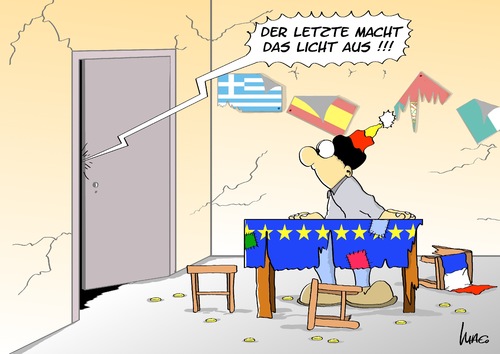 Cartoon: Licht aus! (medium) by Marcus Gottfried tagged europa,schulden,streit,tisch,zocken,weggehen,euro,währung,abstimmung,licht,aus,griechenland,spanien,portugal,deutschland,frankreich,abgesang