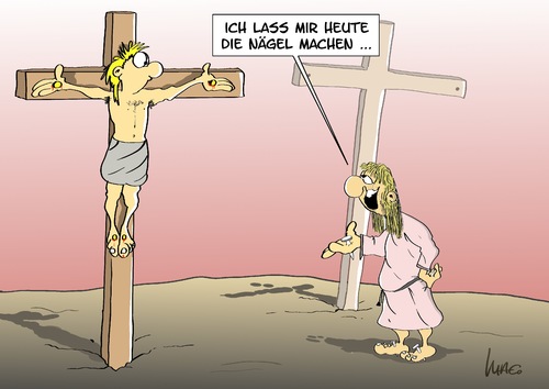 Cartoon: Nägel machen (medium) by Marcus Gottfried tagged schönheit,kosmetik,nägel,kreuzigung,kreuz,jesus,pflege,körper,aussehen,studio,jesus,kreuz,kreuzigung,nägel,kosmetik,schönheit,studio,aussehen,körper,pflege,wortspiel,sprachwitz,christ,christentum,karfreitag,ostern,himmelfahrt