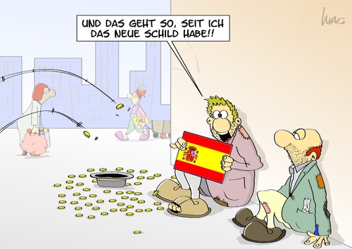 Cartoon: Neues Schild (medium) by Marcus Gottfried tagged spanien,rettungsschirm,europa,schulden,finanzkrise,krise,madrid,geld,bettler,almosen,münzen,schild,pappschild,tafel,rechtum,armut,penner