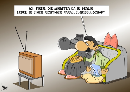 Cartoon: Parallelgesellschaft (medium) by Marcus Gottfried tagged ausländer,gastarbeiter,gast,couch,frage,zweifel,parallelgesellschaft,parallel,kissen,tv,duell,fernsehen,berlin,abgrenzung,regierung,teilnahme,burka,verkleidung,abgehoben,entfernt,merkel,steinbrück,kanzler,cdu,spd,fdp,linke,grüne,ausländer,gastarbeiter,gast,couch,frage,zweifel,parallelgesellschaft,parallel,kissen,tv,duell,fernsehen,berlin,abgrenzung,regierung,teilnahme,burka,verkleidung,abgehoben,entfernt,merkel,steinbrück,kanzler,cdu,spd,fdp,linke,grüne,politiker,migranten,migration,clan