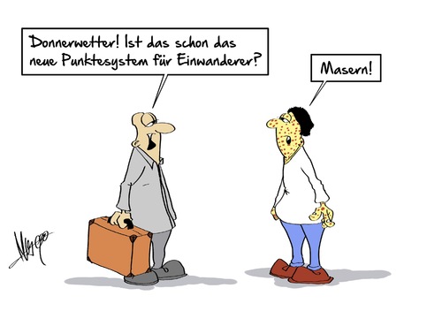 Cartoon: Punktesystem Masern (medium) by Marcus Gottfried tagged einwanderer,kanada,vorschlag,zuwanderer,spd,begrenzung,zuzug,ausländer,migranten,zuwanderung,punktrsystem,krankheit,masern,epidemie,gesundheit,marcus,gottfried,cartoon,karikatur,einwanderer,kanada,vorschlag,zuwanderer,spd,begrenzung,zuzug,ausländer,migranten,zuwanderung,punktrsystem,krankheit,masern,epidemie,gesundheit,marcus,gottfried,cartoon,karikatur