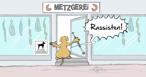 Cartoon: Rassist (medium) by Marcus Gottfried tagged rassist,rassismus,hund,metzgerei,wurst,fleisch,schalke,fußball,rassist,rassismus,hund,metzgerei,wurst,fleisch,schalke,fußball