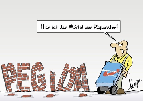 Cartoon: Reparaturmörtel (medium) by Marcus Gottfried tagged pegida,afd,alternative,für,deutschland,rücktritt,führungsspitze,krise,montagsdemonstration,demonstration,demo,kathrin,oertel,organisation,lutz,bachmann,marcus,gottfried,cartoon,karikatur,pegida,afd,alternative,für,deutschland,rücktritt,führungsspitze,krise,montagsdemonstration,demonstration,demo,kathrin,oertel,organisation,lutz,bachmann,marcus,gottfried,cartoon,karikatur