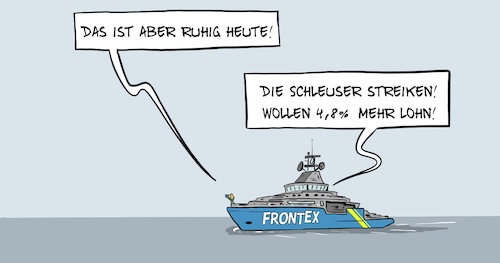 Cartoon: Schleuserstreik (medium) by Marcus Gottfried tagged öffentlicher,dienst,verdi,streik,lohnverhandlungen,frontex,flüchtlinge,fluchtroute,öffentlicher,dienst,verdi,streik,lohnverhandlungen,frontex,flüchtlinge,fluchtroute