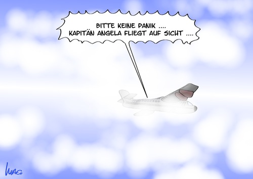 Cartoon: Sichtflug (medium) by Marcus Gottfried tagged angela,merkel,kanzlerin,kanzler,flug,flugzeug,sicht,anblick,wolken,trüb,sehen,weitblick,kurzsichtigkeit,unsicherheit,wahl,regierung,cdu,csu,partei,berlin,wahlkampf