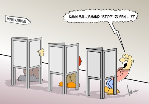 Cartoon: Stop rufen (medium) by Marcus Gottfried tagged kommunalwahl,europawahl,wahl,partei,kabine,wahllokal,wahlkabine,regierung,marcus,gottfried,cartoon,karikatur,stop,rufen,auswahl,kriterien,zufall,treffer,egal,gleich,kommunalwahl,europawahl,wahl,partei,kabine,wahllokal,wahlkabine,regierung,marcus,gottfried,cartoon,karikatur,stop,rufen,auswahl,kriterien,zufall,treffer,egal,gleich