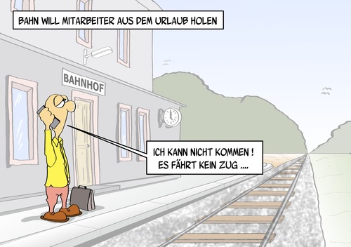 Cartoon: Urlaubsende (medium) by Marcus Gottfried tagged urlaub,bahn,urlaubende,mitarbeiter,eisenbahn,streik,arbeiter,service,einstellungen,springer,bahnhof,reisender,reise,rückkehr,abbruch,ausfall,zug