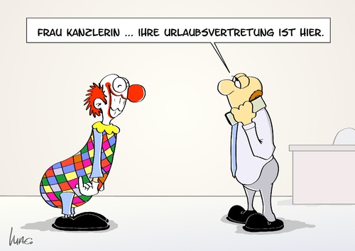 Cartoon: Urlaubsvertretung (medium) by Marcus Gottfried tagged urlaub,vertretung,ferien,merkel,komiker,spass,ernst,clown,zirkus,regierung,koalition,europa,ersatz