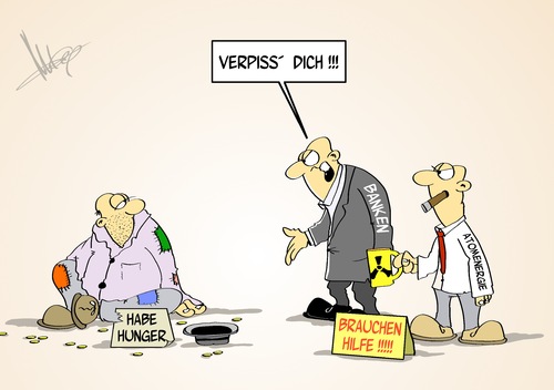 Cartoon: Verpiss Dich (medium) by Marcus Gottfried tagged armut,bettler,bank,betteln,geld,euro,verdrängen,strasse,konkurrenz,reporter,tv,fernseher,merkel,bundeskanzlerin,kanzlerette,persönlich,atom,atomlobby,meinung,marcus,gottfried,cartoon,karikatur,lösung,entsorgung,atommeiler,kernkraft,kernkraftwerk,abriss,ende,kosten,energie,energielosten,alternative,energieriese,strom,abbruch,eon,rwe,energiekonzern,kraftwerk,rückstellung,armut,bettler,bank,betteln,geld,euro,verdrängen,strasse,konkurrenz,reporter,tv,fernseher,merkel,bundeskanzlerin,kanzlerette,persönlich,atom,atomlobby,meinung,marcus,gottfried,cartoon,karikatur,lösung,entsorgung,atommeiler,kernkraft,kernkraftwerk,abriss,ende,kosten,energie,energielosten,alternative,energieriese,strom,abbruch,eon,rwe,energiekonzern,kraftwerk,rückstellung