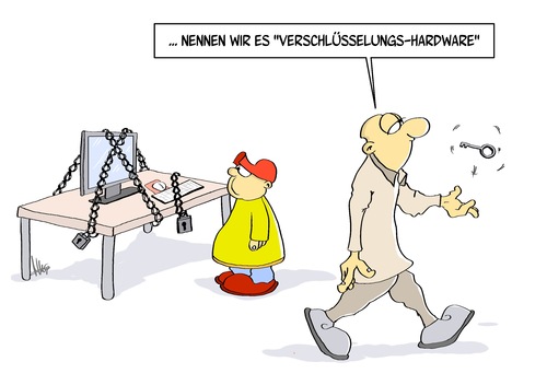 Cartoon: Verschluesselung (medium) by Marcus Gottfried tagged vater,kind,tisch,pc,computer,kette,verschlüsselung,sicherheit,schloss,erziehung,surfen,surfverhalten,abgeschlossen,hardware,software,rechner,vater,kind,tisch,pc,computer,kette,verschlüsselung,sicherheit,schloss,erziehung,surfen,surfverhalten,abgeschlossen,hardware,software,rechner