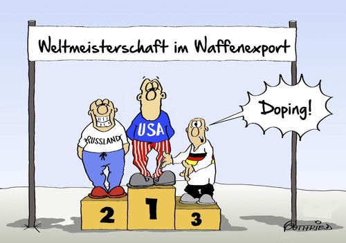 Cartoon: Waffenexportdoping (medium) by Marcus Gottfried tagged waffenexport,exportweltmeister,deutschland,usa,russland,panzer,gewehr,rüstung,rüstungsindustrie,weltmeisterschaft,europameisterschaft,wettbewerb,gewinn,sieg,held,freude,marcus,gottfried,cartoon,karikatur,waffenexport,exportweltmeister,deutschland,usa,russland,panzer,gewehr,rüstung,rüstungsindustrie,weltmeisterschaft,europameisterschaft,wettbewerb,gewinn,sieg,held,freude,marcus,gottfried,cartoon,karikatur