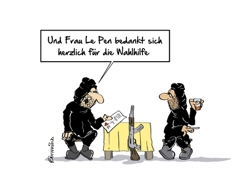 Cartoon: Wahlhilfe (medium) by Marcus Gottfried tagged frankreich,wahl,wahlhilfe,le,pen,rechts,rechtsruck,hilfe,is,isis,terror,paris,angriff,erstaunen,unterstützung,ungewollt,mehrheit,umsturz,freude,marcus,gottfried,cartoon,karikatur,frankreich,wahl,wahlhilfe,le,pen,rechts,rechtsruck,hilfe,is,isis,terror,paris,angriff,erstaunen,unterstützung,ungewollt,mehrheit,umsturz,freude,marcus,gottfried,cartoon,karikatur