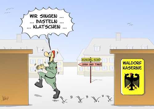 Cartoon: Waldorf-Kaserne (medium) by Marcus Gottfried tagged von,der,leyen,bundeswehr,armee,verteidigung,minister,ministerin,ursula,ulla,marcus,gottfried,cartoon,karikatur,kaserne,umstrukturierung,waldorf,erziehung,kinder,familie,hort,hortplatz,betreuung,elternzeit,beruf,karriere,offizier,soldat,tanzen,basteln,klatschen,von,der,leyen,bundeswehr,armee,verteidigung,minister,ministerin,ursula,ulla,marcus,gottfried,cartoon,karikatur,kaserne,umstrukturierung,waldorf,erziehung,kinder,familie,hort,hortplatz,betreuung,elternzeit,beruf,karriere,offizier,soldat,tanzen,basteln,klatschen