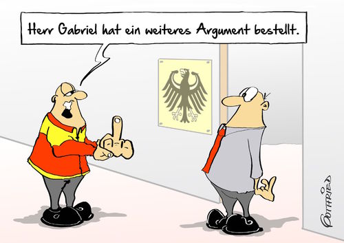 Cartoon: weiteres Argument (medium) by Marcus Gottfried tagged karikatur,cartoon,gottfried,marcus,freude,fehler,finger,zweiter,vorbildfunktion,vorbild,verantwortung,kanzler,vizekanzler,bundestag,zusteller,argumentation,argument,widerstand,rechts,gabriel,sigmar,mittelfinger,stinkfeiner,stinkfeiner,mittelfinger,sigmar,gabriel,rechts,widerstand,argument,argumentation,zusteller,bundestag,vizekanzler,kanzler,verantwortung,vorbild,vorbildfunktion,zweiter,finger,fehler,freude,marcus,gottfried,cartoon,karikatur