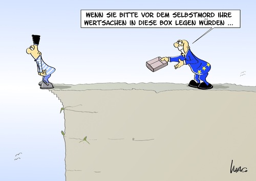 Cartoon: Wertsachen (medium) by Marcus Gottfried tagged griechenland,europa,schulden,krise,finanzkrise,regierung,regierungsbildung,selbstmord,suizid,absturz,neuwahlen