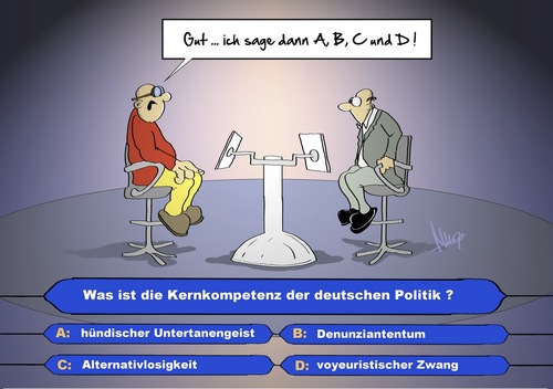 Cartoon: WWM (medium) by Marcus Gottfried tagged jauch,tv,fernsehen,quiz,frage,millionär,wwm,günther,kandidat,runde,antwort,kernkompetenz,politik,deutschland,untertanengeist,hündisch,denunziantentum,alternativlos,alternativlosigkeit,zwang,voyeuristischer,voyeurismus