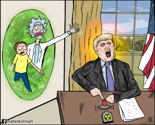 Cartoon: Donald trump rick and morty (medium) by matan_kohn tagged rickandmorty,rick,and,morty,tvshow,iran,israel,animation,war,worldwar3,donaldtrump,donald,trump,button,nuclear,atomicbomb,caricature,funny,usa,illustration,artwork,digitalart,politics,scarry,future