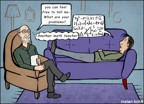 Cartoon: Each has its own problems (medium) by matan_kohn tagged math2022,math,mathematics,numbers,funny,toon,psychologist,teacher,party,kids,teaching,contest,sad