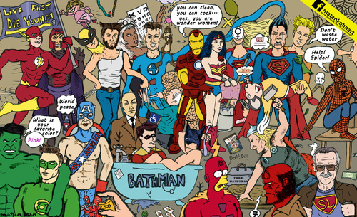 Cartoon: superheroes (medium) by matan_kohn tagged the,america,captain,lantern,green,atom,simpsons,boy,hell,lee,stan,xmen,woman,wonder,man,iron,batman,superman,funny,dc,marvel,comics,superhero,hulk,kohn,matan,ranner,road,aqwaman,storm,spider,girl,super,robin,thor,wolverine,flash
