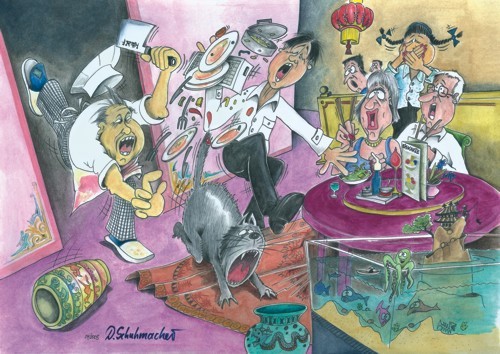 Cartoon: Nr. 32 A auf der Flucht! (medium) by Schuhmacher tagged chinese,essen,chinesische,spezialitäten,katze,koch,küche,asiatisch