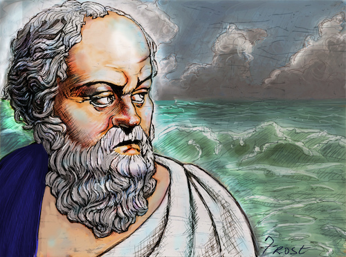 Cartoon: Socrates at at the Ocean (medium) by frostyhut tagged socrates,classical,sage,elder,man,old,sea,ocean,waves,clouds,water,at