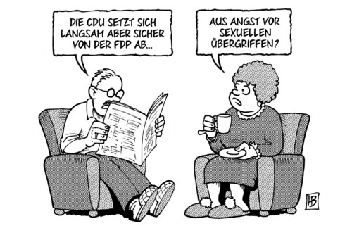 Cartoon: Absetzbewegung (medium) by Harm Bengen tagged absetzbewegung,absetzen,distanzierung,cdu,brüderle,fdp,sexismus,belästigung,stern,bundestagswahlkampf,harm,bengen,cartoon,karikatur