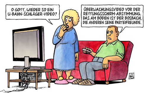 Cartoon: Abweichler (medium) by Harm Bengen tagged überwachungsvideo,video,ubahn,schläger,bosbach,partei,parteifreunde,schirm,rettungsschirm,abstimmung,bundestag,parlament,kanzlerin,merkel,kanzlermehrheit,zustimmung,mehrheit,euro,eurokrise,euroschulden,euroschuldenkrise,kredite,bürgschaft,efsf,esm,überwachungsvideo,video,ubahn,schläger,bosbach,partei,parteifreunde,schirm,rettungsschirm,abstimmung,kanzlerin,merkel,kanzlermehrheit