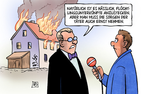 Cartoon: Ängste ernst nehmen (medium) by Harm Bengen tagged angst,ernst,täter,nazis,faschisten,xenophobie,ausländer,mord,feuer,brandanschlag,politiker,interview,pediga,flüchtlinge,harm,bengen,cartoon,karikatur,angst,ernst,täter,nazis,faschisten,xenophobie,ausländer,mord,feuer,brandanschlag,politiker,interview,pediga,flüchtlinge,harm,bengen,cartoon,karikatur