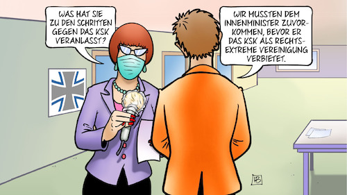 Cartoon: AKK und KSK (medium) by Harm Bengen tagged akk,kramp,karrenbauer,verteidigungsministerin,ksk,innenminister,zuvorkommen,rechtsextreme,vereinigung,verbot,spezialeingreiftruppe,spezialkommando,spezialkraefte,bundeswehr,interview,maske,corona,harm,bengen,cartoon,karikatur,akk,kramp,karrenbauer,verteidigungsministerin,ksk,innenminister,zuvorkommen,rechtsextreme,vereinigung,verbot,spezialeingreiftruppe,spezialkommando,spezialkraefte,bundeswehr,interview,maske,corona,harm,bengen,cartoon,karikatur