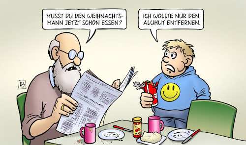 Cartoon: Aluhut entfernen (medium) by Harm Bengen tagged weihnachtsmann,essen,aluhut,entfernen,susemil,kind,enkel,weihnachten,schokolade,verschwörungstheorien,harm,bengen,cartoon,karikatur,weihnachtsmann,essen,aluhut,entfernen,susemil,kind,enkel,weihnachten,schokolade,verschwörungstheorien,harm,bengen,cartoon,karikatur