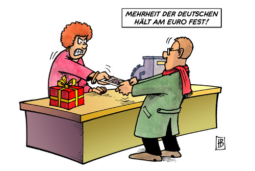 Cartoon: Am Euro festhalten (medium) by Harm Bengen tagged euro,zustimmung,ablehnung,vertrauen,finanzkrise,krise,schulden,deutschland,irland,spanien,griechenland,portugal,währung,dm,mark,euro,zustimmung,ablehnung,vertrauen,finanzkrise,schulden,krise,deutschland,irland,griechenland,spanien