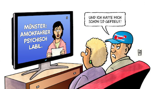 Cartoon: Amokfahrt Münster (medium) by Harm Bengen tagged münster,amokfahrer,amokfahrt,psychisch,labil,terror,wunsch,afd,rechtsradikal,islam,harm,bengen,cartoon,karikatur,münster,amokfahrer,amokfahrt,psychisch,labil,terror,wunsch,afd,rechtsradikal,islam,harm,bengen,cartoon,karikatur