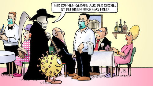 Cartoon: Ansteckung im Lokal (medium) by Harm Bengen tagged restaurant,lokal,kirche,obr,kellner,gäste,tod,leer,infektion,risiko,corona,coronavirus,ansteckung,pandemie,epidemie,krankheit,schaden,harm,bengen,cartoon,karikatur,restaurant,lokal,kirche,obr,kellner,gäste,tod,leer,infektion,risiko,corona,coronavirus,ansteckung,pandemie,epidemie,krankheit,schaden,harm,bengen,cartoon,karikatur