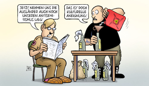 Cartoon: Antisemitismus-Aneignung (medium) by Harm Bengen tagged ausländer,nazis,antisemitismus,kulturelle,aneignung,harm,bengen,cartoon,karikatur,ausländer,nazis,antisemitismus,kulturelle,aneignung,harm,bengen,cartoon,karikatur
