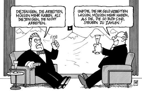 Cartoon: Arbeiten und arbeiten lassen (medium) by Harm Bengen tagged arbeiten,arbeitgeber,arbeitnehmer,hartz,fdp,guido westerwelle,klientel,steuer,steuerhinterziehung,steuerflucht,schweiz,betrug,diebstahl,verbrechen,champagner,arbeit,job,guido,westerwelle