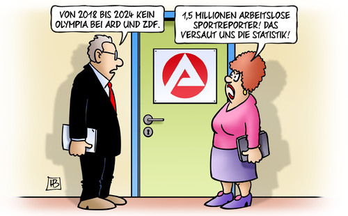 Cartoon: Arbeitslose Sportreporter (medium) by Harm Bengen tagged 2018,2024,olympia,berichterstattung,ard,zdf,millionen,arbeitslose,sportreporter,arbeitsamt,statistik,harm,bengen,cartoon,karikatur,2018,2024,olympia,berichterstattung,ard,zdf,millionen,arbeitslose,sportreporter,arbeitsamt,statistik,harm,bengen,cartoon,karikatur