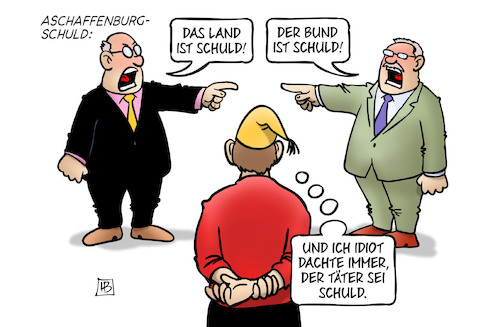 Cartoon: Aschaffenburg-Schuld (medium) by Harm Bengen tagged aschaffenburg,schuld,land,bund,täter,amok,morde,abschiebungen,michel,harm,bengen,cartoon,karikatur,aschaffenburg,schuld,land,bund,täter,amok,morde,abschiebungen,michel,harm,bengen,cartoon,karikatur