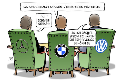 Cartoon: Auto-Hacker (medium) by Harm Bengen tagged automobilindustrie,betrug,abgasskandal,vietnamesen,hacker,ermittlungsbehörden,bmw,vw,daimler,mercedes,harm,bengen,cartoon,karikatur,automobilindustrie,betrug,abgasskandal,vietnamesen,hacker,ermittlungsbehörden,bmw,vw,daimler,mercedes,harm,bengen,cartoon,karikatur