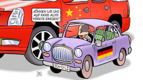 Cartoon: Automärkte (medium) by Harm Bengen tagged faire,automärkte,kfz,scholz,chinabesuch,handel,wirtschaft,automobilindustrie,konkurrenz,harm,bengen,cartoon,karikatur,faire,automärkte,kfz,scholz,chinabesuch,handel,wirtschaft,automobilindustrie,konkurrenz,harm,bengen,cartoon,karikatur