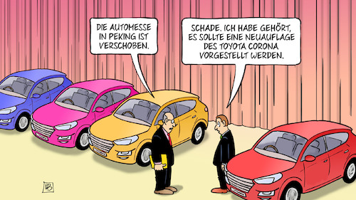 Cartoon: Automesse verschoben (medium) by Harm Bengen tagged automesse,peking,verschoben,neuauflage,toyota,corona,coronavirus,pandemie,automobilindustrie,harm,bengen,cartoon,karikatur,automesse,peking,verschoben,neuauflage,toyota,corona,coronavirus,pandemie,automobilindustrie,harm,bengen,cartoon,karikatur