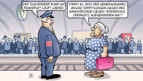 Cartoon: Bahnausfall Ffm (medium) by Harm Bengen tagged zugverkehr,frankfurt,bahnausfall,ffm,generalbundesanwalt,ermittlungen,bahnvorstand,terrorismusverdacht,susemil,bahnhof,harm,bengen,cartoon,karikatur,zugverkehr,frankfurt,bahnausfall,ffm,generalbundesanwalt,ermittlungen,bahnvorstand,terrorismusverdacht,susemil,bahnhof,harm,bengen,cartoon,karikatur